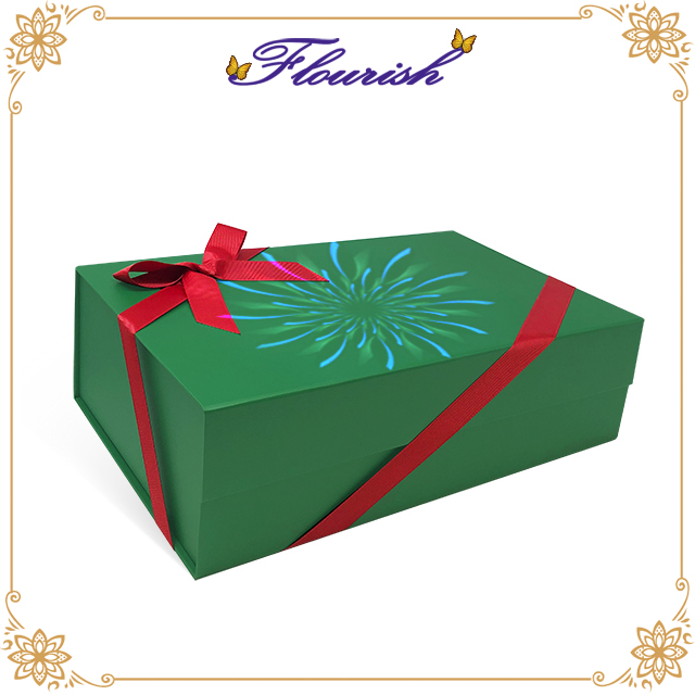 Silver Printing Green Rigid Cardboard Birthday Gift Surprise Box with Red Ribbon Decoration