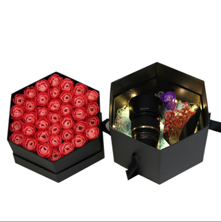 Hexagon Cardboard Flower Gift Packaging Box for Valentines with Ribbon